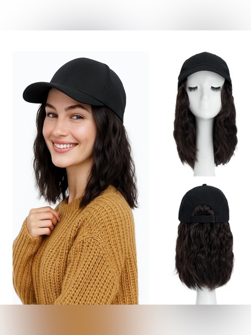 Dark Brown Wavy Extensions With Black Baseball Cap, Natural Look NEW